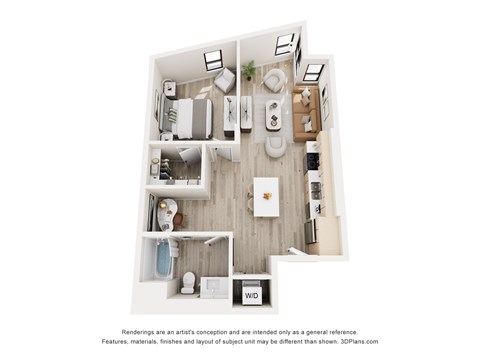 Floor plan for 1 bed, 1 bath, 635 sqft